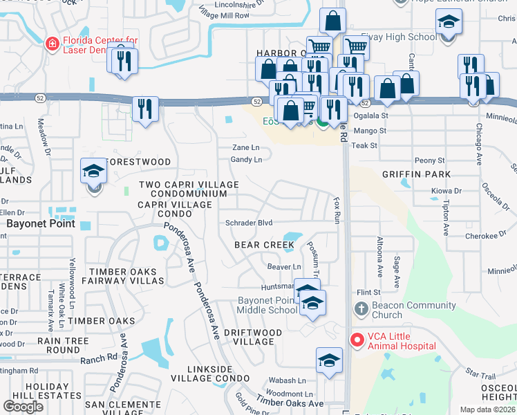 map of restaurants, bars, coffee shops, grocery stores, and more near 8625 Honeybee Lane in Port Richey