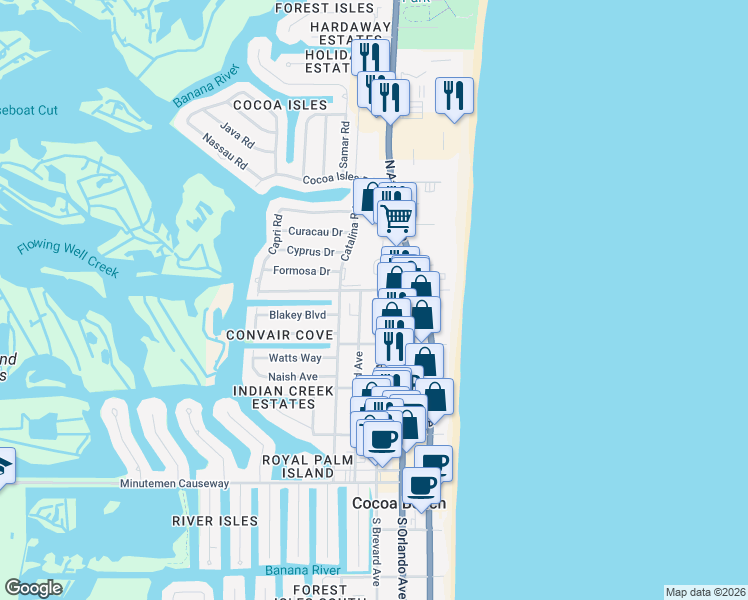 map of restaurants, bars, coffee shops, grocery stores, and more near 500 North Brevard Avenue in Cocoa Beach