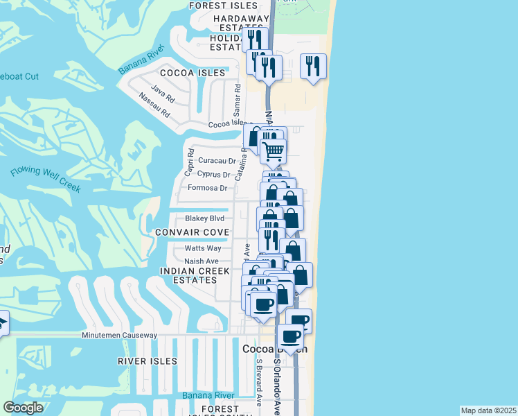 map of restaurants, bars, coffee shops, grocery stores, and more near 500 North Brevard Avenue in Cocoa Beach