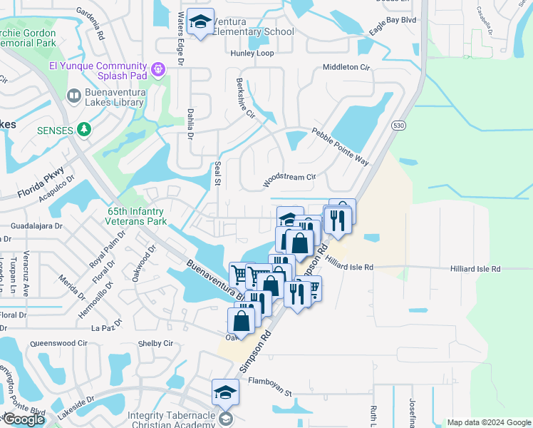 map of restaurants, bars, coffee shops, grocery stores, and more near 1 Hart Lane in Kissimmee