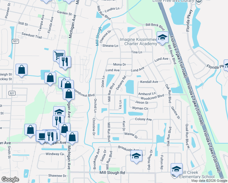 map of restaurants, bars, coffee shops, grocery stores, and more near 2654 Mill Run Boulevard in Kissimmee
