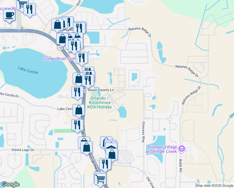 map of restaurants, bars, coffee shops, grocery stores, and more near 4624 Seven Dwarfs Lane in Kissimmee