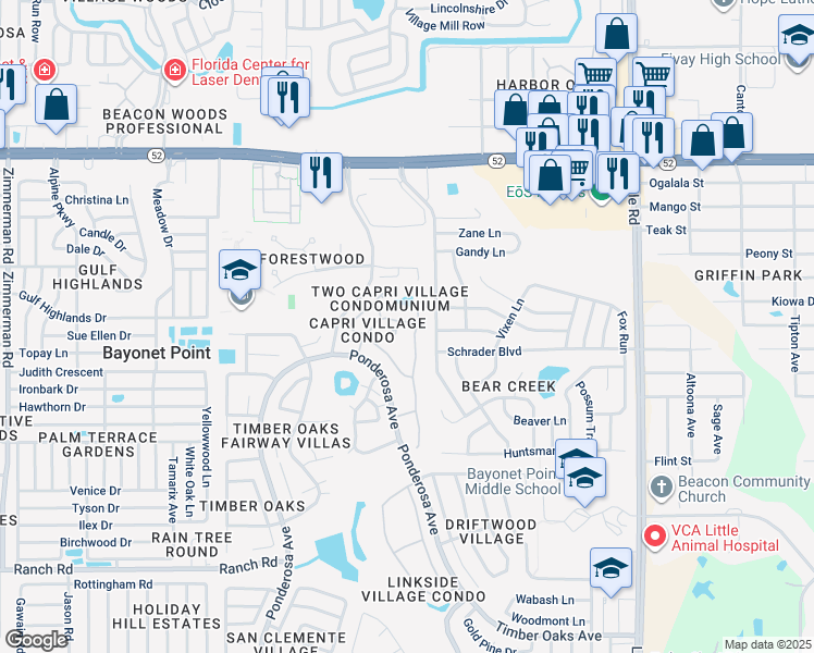 map of restaurants, bars, coffee shops, grocery stores, and more near 8417 Monaco Drive in Port Richey
