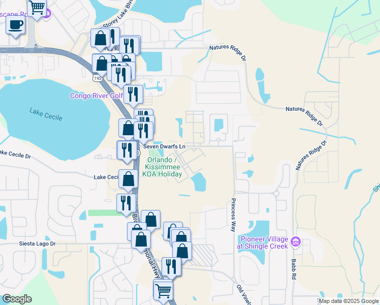map of restaurants, bars, coffee shops, grocery stores, and more near 4624 Seven Dwarfs Lane in Kissimmee
