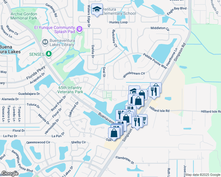 map of restaurants, bars, coffee shops, grocery stores, and more near 296 Flower Lane in Kissimmee