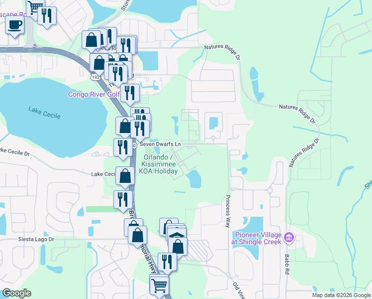 map of restaurants, bars, coffee shops, grocery stores, and more near 4560 Spigold Court in Kissimmee