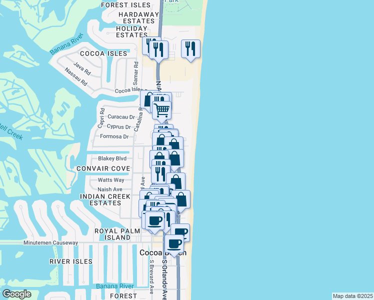 map of restaurants, bars, coffee shops, grocery stores, and more near 55 North 4th Street in Cocoa Beach