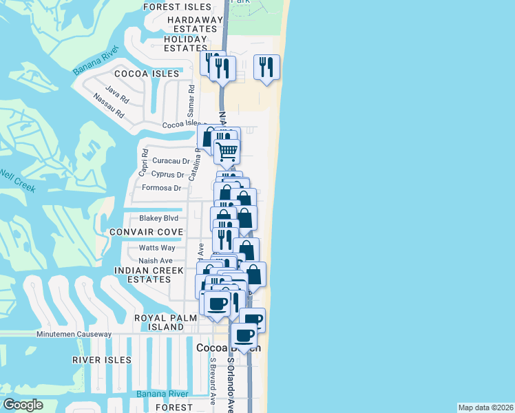 map of restaurants, bars, coffee shops, grocery stores, and more near 55 North 4th Street in Cocoa Beach