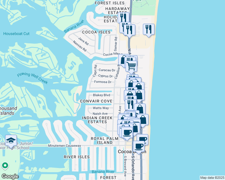 map of restaurants, bars, coffee shops, grocery stores, and more near 400 Catalina Road in Cocoa Beach
