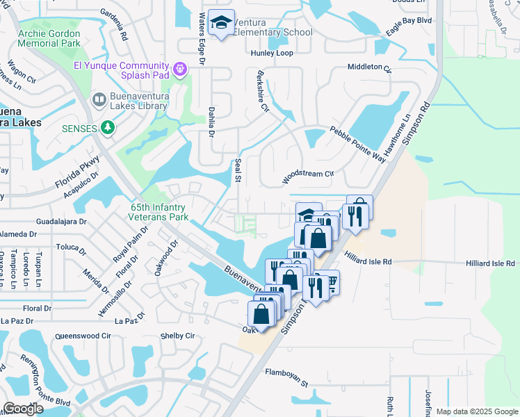 map of restaurants, bars, coffee shops, grocery stores, and more near 296 Flower Lane in Kissimmee
