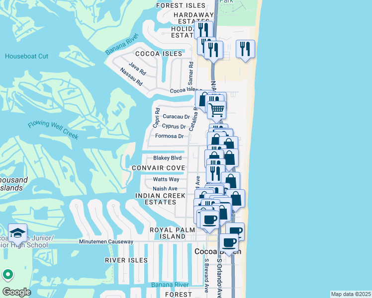 map of restaurants, bars, coffee shops, grocery stores, and more near 400 North 4th Street in Cocoa Beach