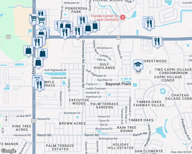 map of restaurants, bars, coffee shops, grocery stores, and more near 7603 Gulf Highlands Drive in Port Richey