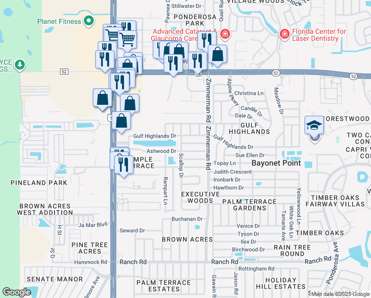 map of restaurants, bars, coffee shops, grocery stores, and more near 7331 Ashwood Drive in Port Richey