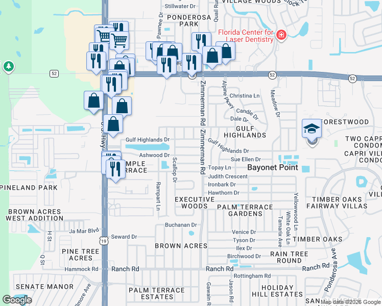 map of restaurants, bars, coffee shops, grocery stores, and more near 7415 Ashwood Drive in Port Richey