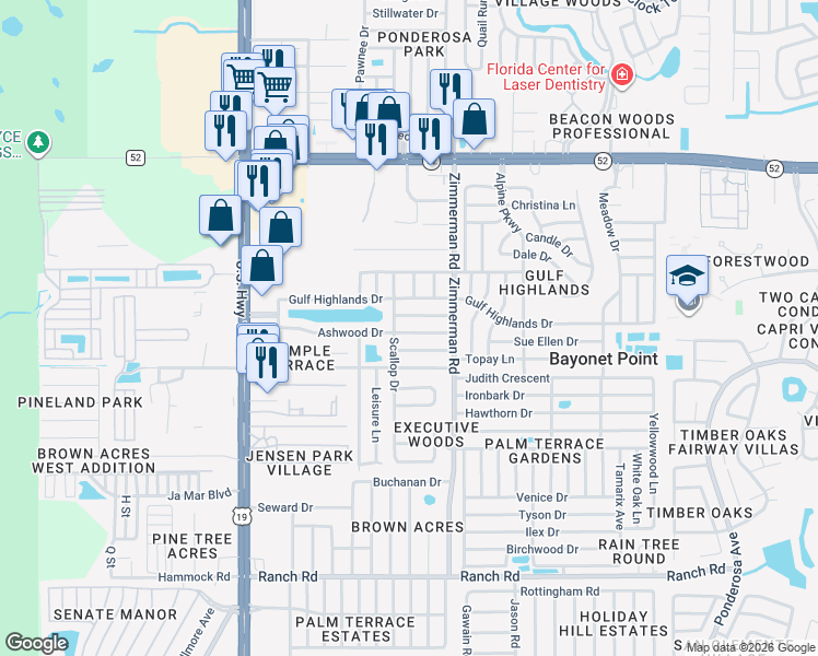 map of restaurants, bars, coffee shops, grocery stores, and more near 11611 Scallop Drive in Port Richey