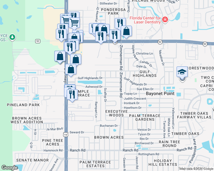 map of restaurants, bars, coffee shops, grocery stores, and more near 7325 Ashwood Drive in Port Richey