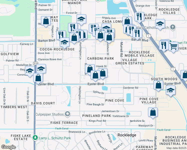 map of restaurants, bars, coffee shops, grocery stores, and more near 402 Richard Road in Rockledge