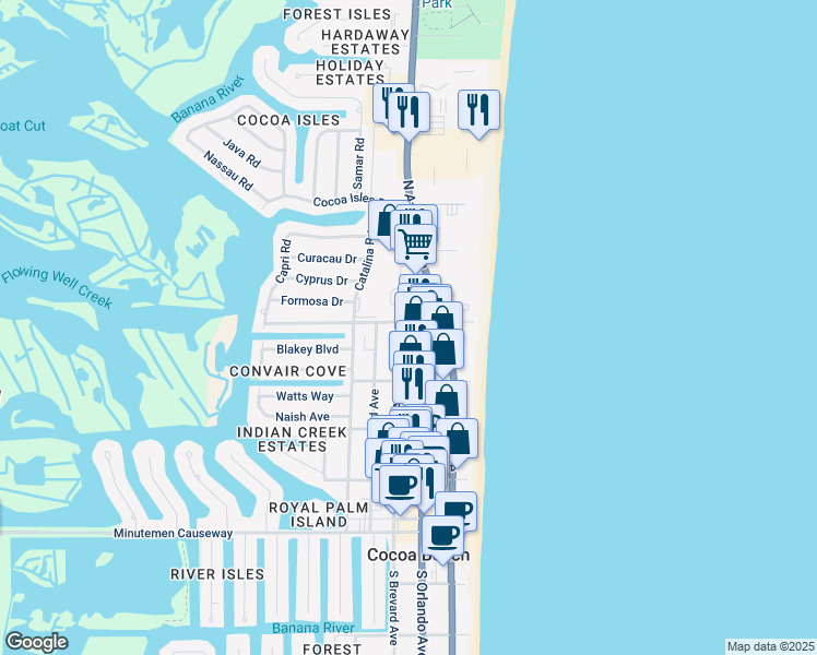 map of restaurants, bars, coffee shops, grocery stores, and more near 850 North Atlantic Avenue in Cocoa Beach