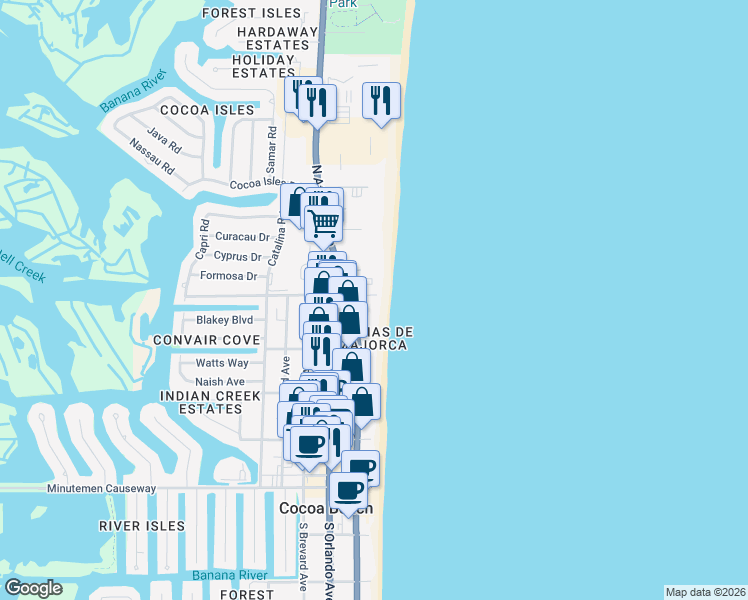 map of restaurants, bars, coffee shops, grocery stores, and more near 55 North 4th Street in Cocoa Beach
