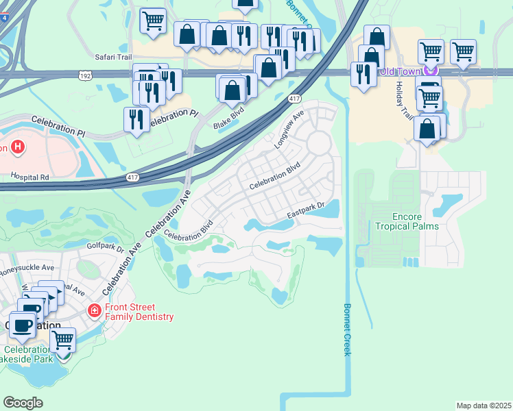 map of restaurants, bars, coffee shops, grocery stores, and more near 219 Celebration Boulevard in Kissimmee