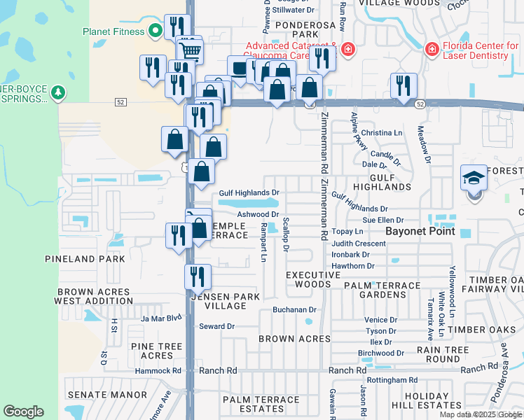 map of restaurants, bars, coffee shops, grocery stores, and more near 7227 Ashwood Drive in Port Richey