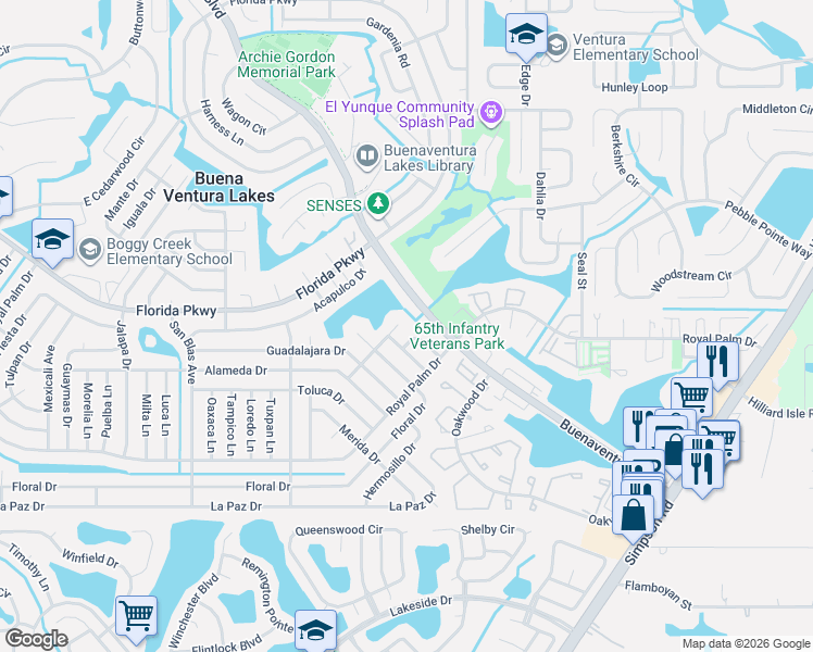 map of restaurants, bars, coffee shops, grocery stores, and more near 332 Buenaventura Boulevard in Kissimmee
