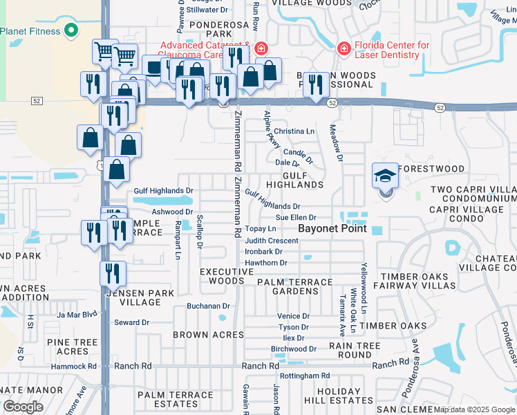 map of restaurants, bars, coffee shops, grocery stores, and more near 11611 Newell Drive in Port Richey