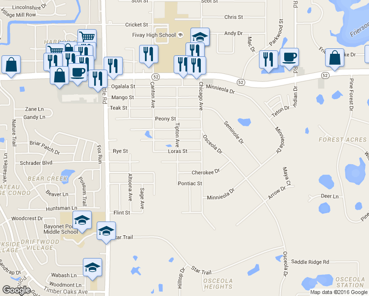 map of restaurants, bars, coffee shops, grocery stores, and more near 9405 Loras Street in New Port Richey