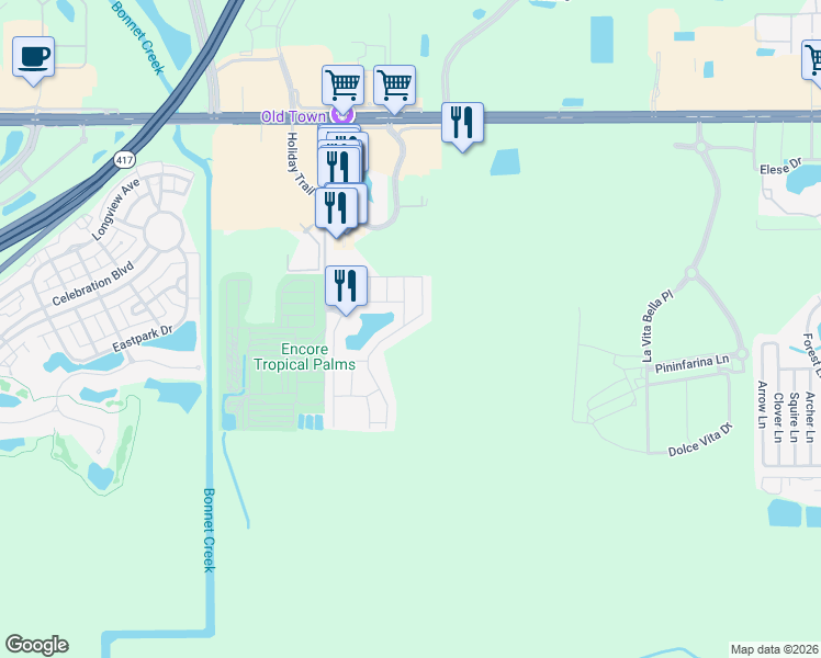 map of restaurants, bars, coffee shops, grocery stores, and more near 2740 Corvette Lane in Kissimmee