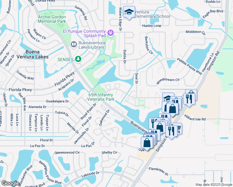 map of restaurants, bars, coffee shops, grocery stores, and more near 251 Taylor Lane in Kissimmee