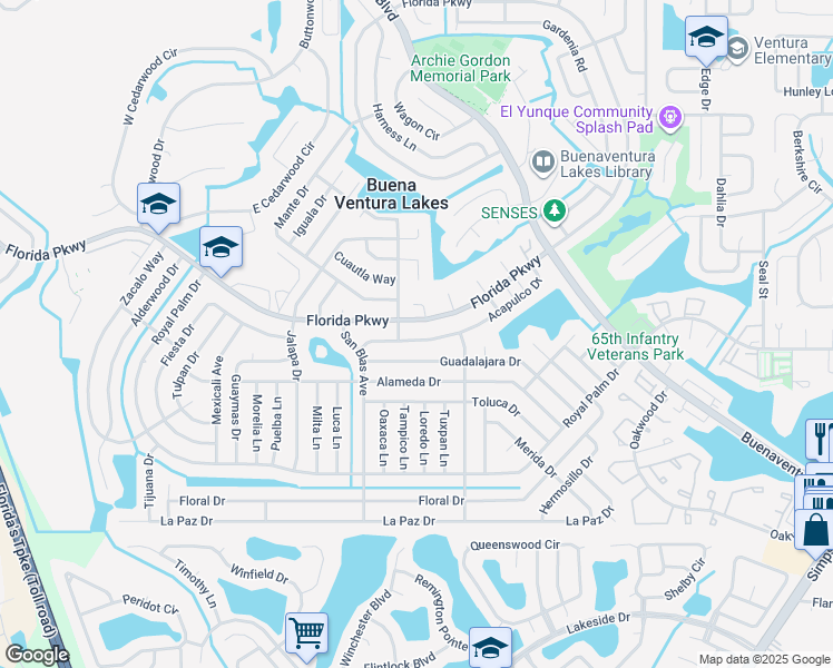 map of restaurants, bars, coffee shops, grocery stores, and more near 637 Florida Parkway in Kissimmee