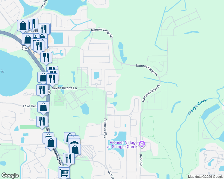 map of restaurants, bars, coffee shops, grocery stores, and more near 4404 Hamlet Court in Kissimmee