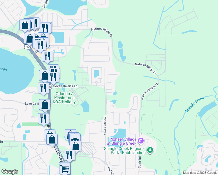 map of restaurants, bars, coffee shops, grocery stores, and more near 4404 Hamlet Court in Kissimmee