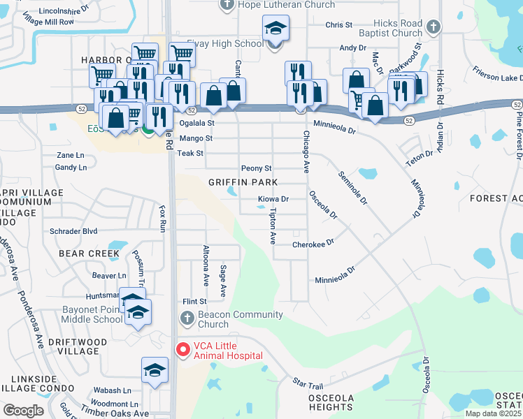 map of restaurants, bars, coffee shops, grocery stores, and more near 9320 Kiowa Drive in New Port Richey