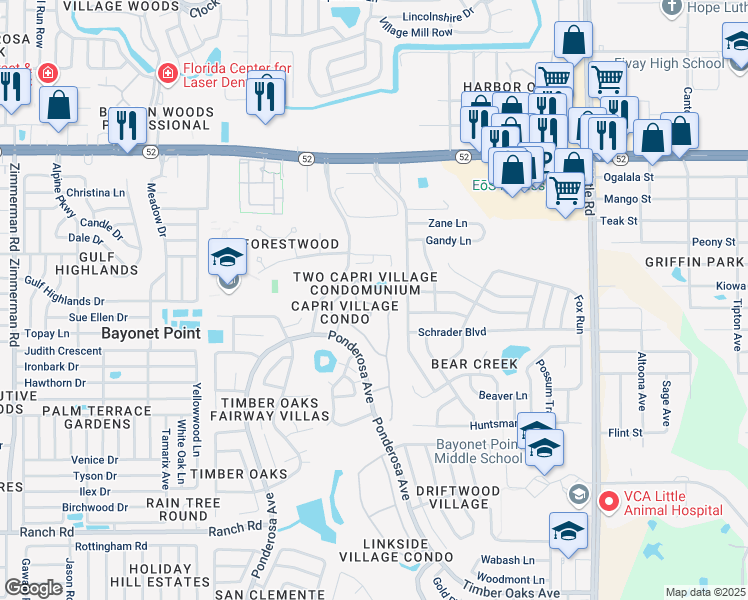 map of restaurants, bars, coffee shops, grocery stores, and more near 8417 Monaco Drive in Port Richey