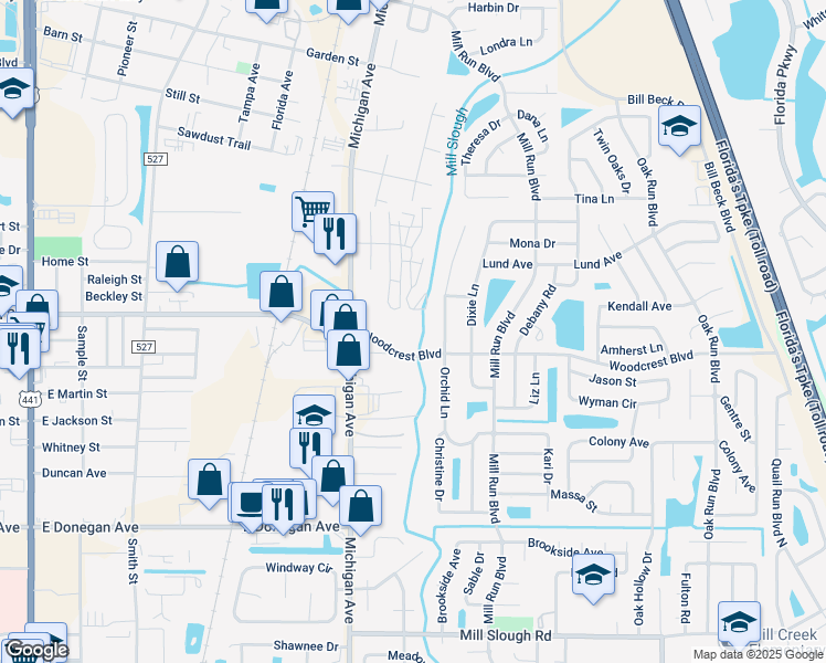 map of restaurants, bars, coffee shops, grocery stores, and more near 1331 Woodcrest Boulevard in Kissimmee