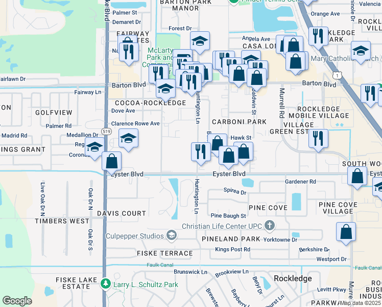 map of restaurants, bars, coffee shops, grocery stores, and more near 1775 Huntington Lane in Rockledge