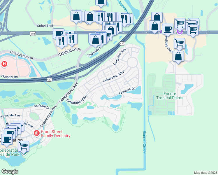 map of restaurants, bars, coffee shops, grocery stores, and more near 302 Reeves Street in Kissimmee