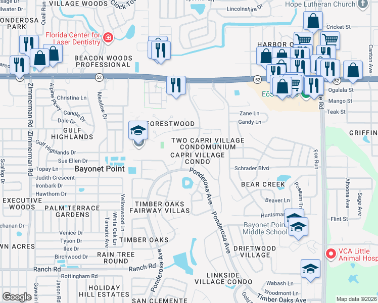 map of restaurants, bars, coffee shops, grocery stores, and more near 11609 Orleans Lane in Port Richey