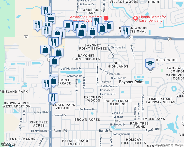map of restaurants, bars, coffee shops, grocery stores, and more near 7414 Abalone Drive in Port Richey