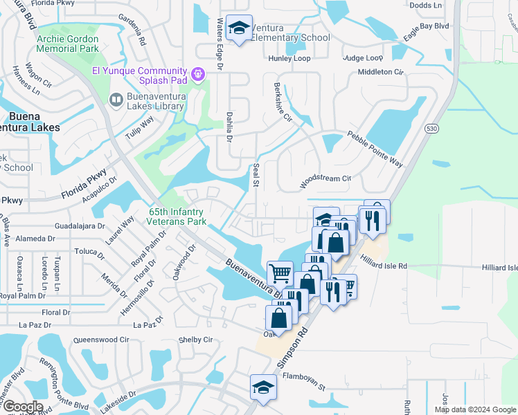 map of restaurants, bars, coffee shops, grocery stores, and more near 293 Flower Lane in Kissimmee