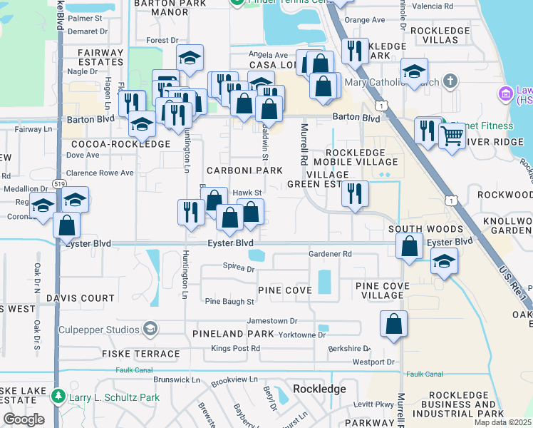 map of restaurants, bars, coffee shops, grocery stores, and more near 402 Richard Road in Rockledge