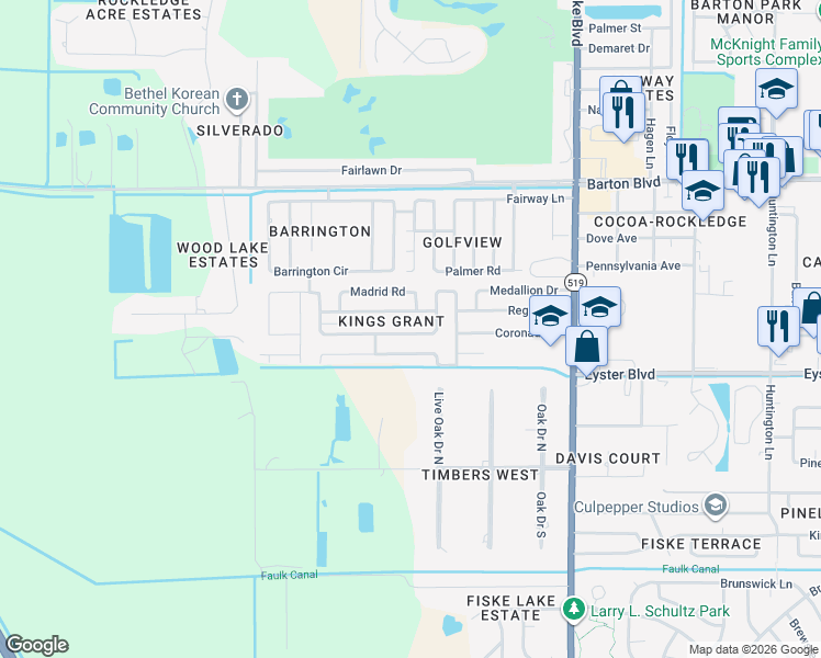 map of restaurants, bars, coffee shops, grocery stores, and more near 1077 Basque Drive in Rockledge