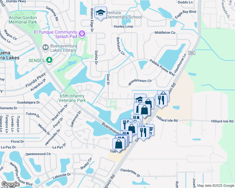 map of restaurants, bars, coffee shops, grocery stores, and more near 296 Flower Lane in Kissimmee