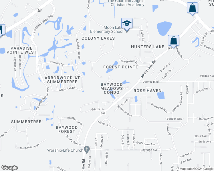 map of restaurants, bars, coffee shops, grocery stores, and more near Proctor Loop in New Port Richey