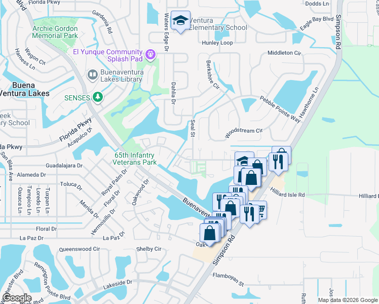 map of restaurants, bars, coffee shops, grocery stores, and more near 202 Eden Lane in Kissimmee