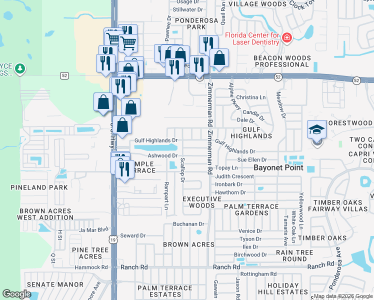 map of restaurants, bars, coffee shops, grocery stores, and more near 7330 Abalone Drive in Port Richey