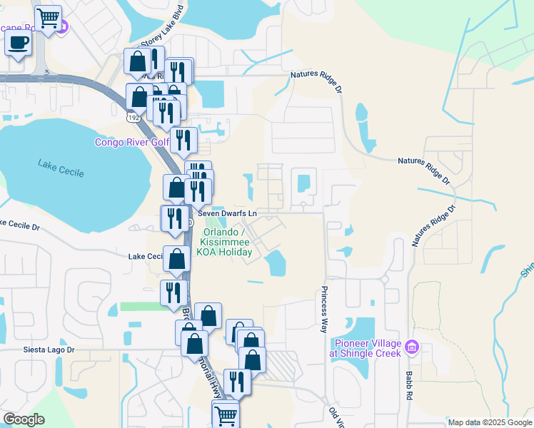 map of restaurants, bars, coffee shops, grocery stores, and more near 4624 Seven Dwarfs Lane in Kissimmee