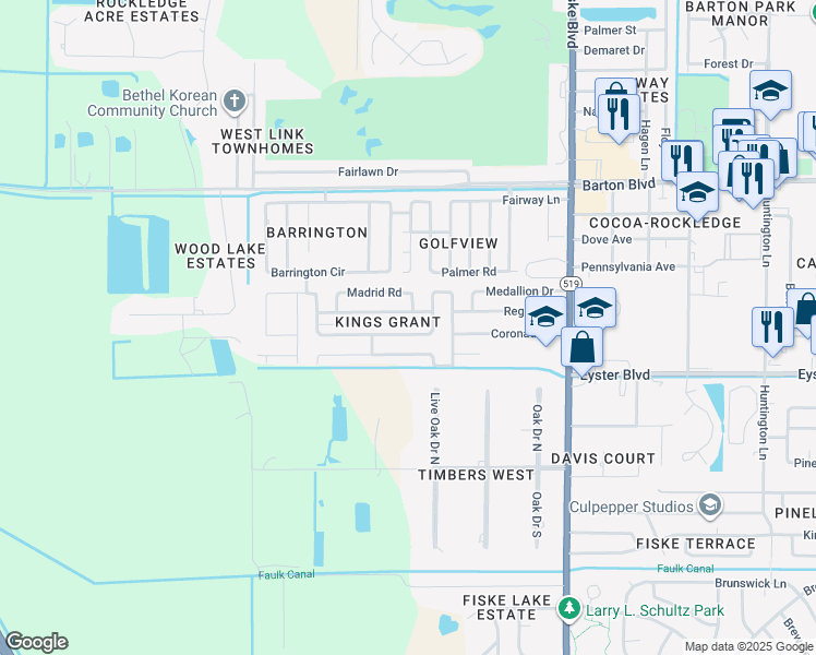 map of restaurants, bars, coffee shops, grocery stores, and more near 1077 Basque Drive in Rockledge