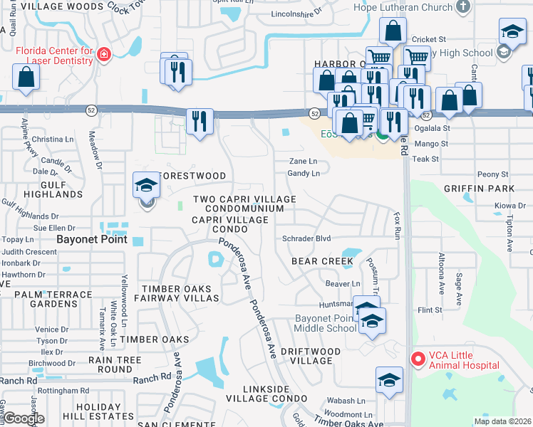 map of restaurants, bars, coffee shops, grocery stores, and more near 8515 Briar Patch Drive in Port Richey